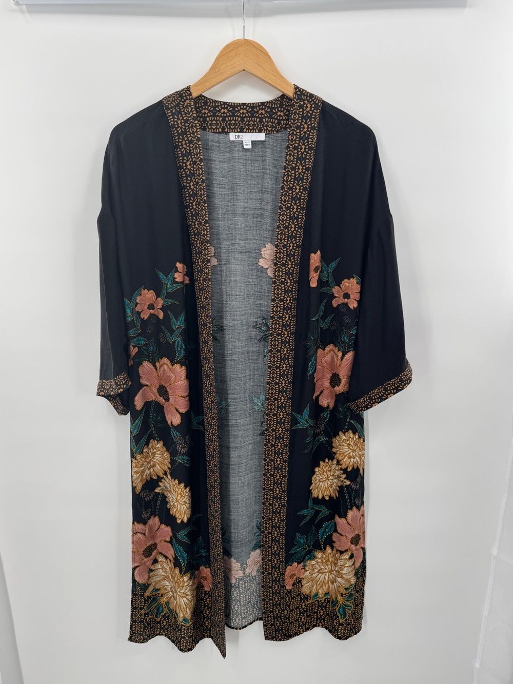 Boho Western Black Floral Kimono Duster Pink & Gold Embroidered Print XS /Small